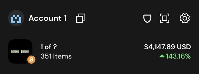 A dark-themed wallet interface showing 'Account 1' with a balance of $4,147.89 USD, marked with a green upward arrow indicating a 143.16% increase, and displaying 351 items including a Bitcoin icon.