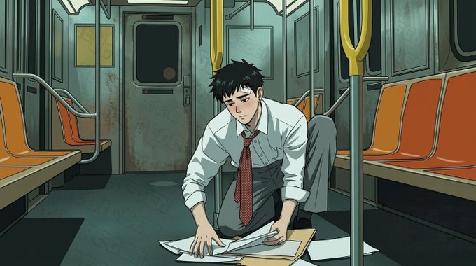 An anime-style illustration of a young man in a white shirt and red tie kneeling on a subway car floor, picking up scattered papers.