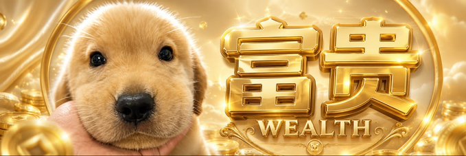 A golden puppy is featured beside bold gold Chinese characters and the English word "WEALTH," symbolizing the "$Wealth (RBH Chain)" token highlighted in the post about a wallet confirmed to belong to OZZY (MEADGod), where 70% of the token supply is set to be burned to a black hole address.