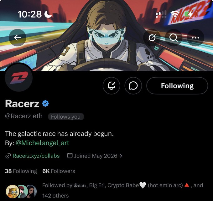 The image features a post from the social media platform Twitter that includes a photo of a person wearing a racing suit and driving a car with the words "Racers" written above them. The post also contains text about the galactic race starting soon, which is related to the racing theme of the image.