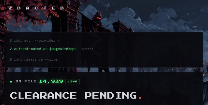 A pixel-art terminal interface with red leaf overlays displays the "ZDACTED" branding, showing an authenticated session as "@sageairdrops" with "3,881 ON FILE" and a "CLEARANCE PENDING" status, illustrating the privacy-focused identity redaction platform referenced in the post.