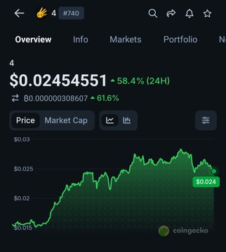 A CoinGecko cryptocurrency overview screen showing token #740 at a price of $0.02454551, up 58.4% over 24 hours.