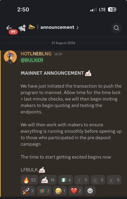 A Discord message in the #announcement channel from HOTLNEBLNG at 14:29 dated 31 August 2026, announcing a mainnet launch for @BULKER, stating they have initiated the transaction to push the program to mainnet and will begin testing with makers before opening to pre-deposit participants.