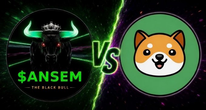 A versus graphic pits '$ANSEM - The Black Bull' against a Shiba Inu dog logo, separated by a 'VS' and green lightning bolts against a dark background.
