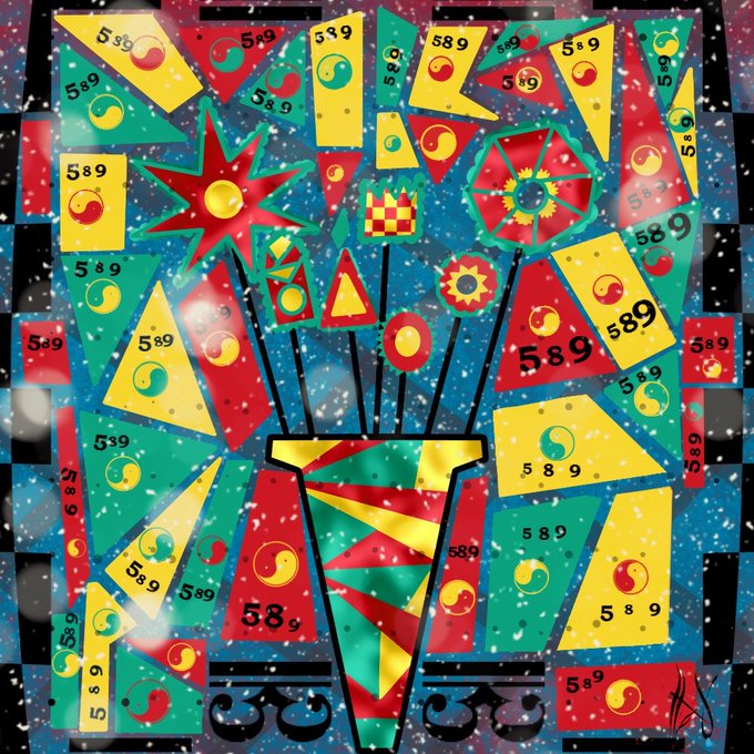A vibrant digital artwork featuring a central vase bursting with colorful shapes and pinwheel-like designs, prominently displaying the numbers "589" and yin-yang symbols throughout its kaleidoscopic composition.