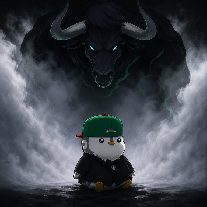 A small penguin character in a green cap and tuxedo sits calmly in front of a menacing, glowing-eyed bull spirit emerging from dark smoke.