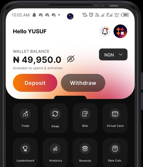 A mobile wallet app screenshot greeting 'Hello YUSUF' with a balance of ₦49,950.0 NGN, featuring orange Deposit and dark Withdraw buttons, and a menu including Trade, Swap, Bills, and Virtual Card.