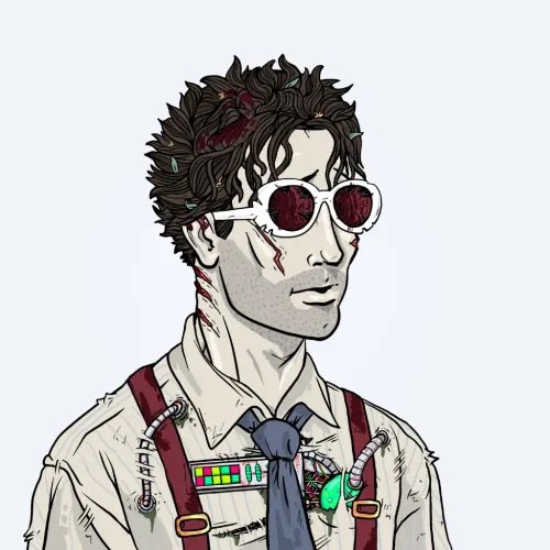 An illustration of a character with messy dark hair, wearing red-tinted round sunglasses, a white shirt with red suspenders, and a loose tie, featuring stitched details and what appears to be blood marks.