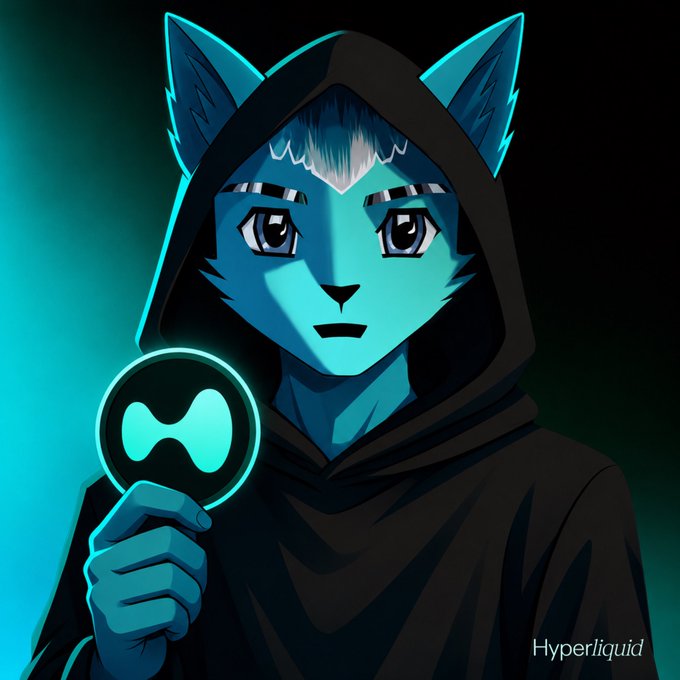 An anime-style anthropomorphic wolf-like character with cyan-blue fur wearing a black hooded cloak holds up a glowing circular emblem resembling the Hyperliquid logo. The watermark "Hyperliquid" appears in the bottom right corner, visually reinforcing the post's "If you're reading this, Hyperliquid." tagline by branding the character's mysterious, almost cult-like presentation with the crypto project's identity.