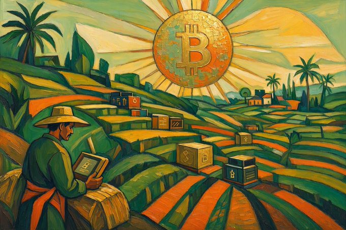 A vibrant cubist-style painting depicting a farmer in a straw hat tending to terraced green fields, with a radiant sun bearing the Bitcoin symbol above and stylized crates scattered across the landscape.