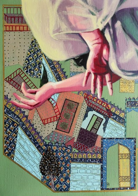 A painting depicting hands reaching down over an ornate Islamic architectural scene with patterned tiles and a small tree.
