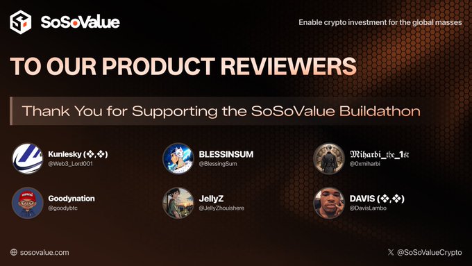 A 'SoSoValue' thank you graphic to product reviewers, featuring logos and handles for Kunlesky, BLESSINGSUM, Miharbi_the_1st, Goodynation, JellyZ, and DAVIS.