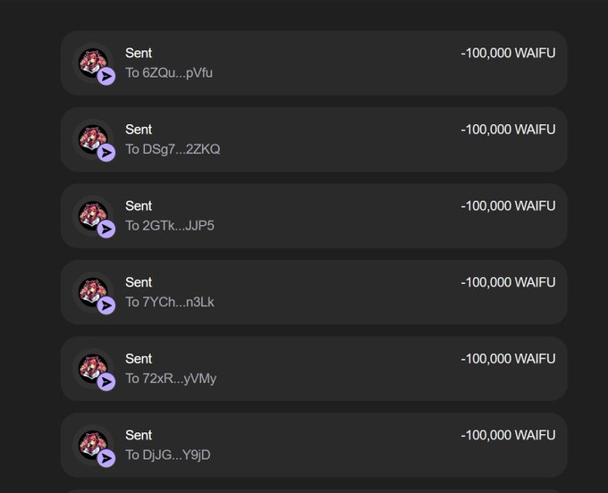 A screenshot showing six transaction records, each displaying "-100,000 WAIFU" sent to different Solana wallet addresses (such as 6ZQu...pVfu, DSg7...2ZKQ, and 2GTk...JJP5), supposedly documenting proof of 600,000 WAIFU token distributions to support the "FINAL AIRDROP IN 72 HOURS" claim offering 500,000 $WAIFU. The repeated identical amounts and generic wallet addresses suggest this is likely a scam attempt to fabricate legitimacy.