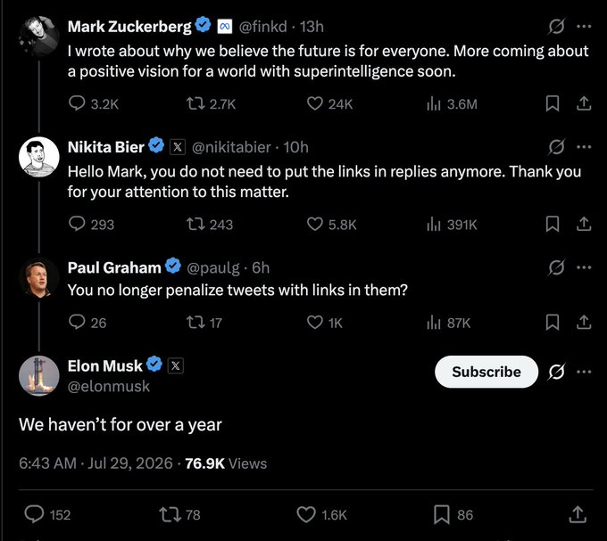 A Twitter/X thread where Mark Zuckerberg announces a post about superintelligence, followed by replies from Nikita Bier and Paul Graham, with Elon Musk chiming in to confirm links haven't been penalized 'for over a year'.