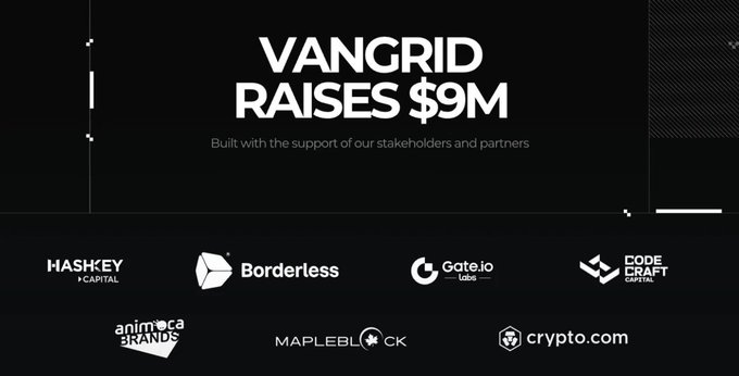A graphic announcement reading "VANGRID RAISES $9M" with the subtitle "Built with the support of our stakeholders and partners," followed by logos of investors including HashKey Capital, Borderless, Gate.io Labs, CodeCraft Capital, Animoca Brands, Mapleblock, and Crypto.com.