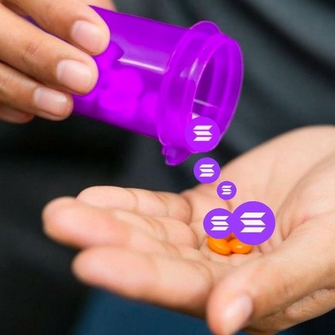 A hand pours orange pills from a purple prescription bottle into another palm, with purple Solana logo icons floating above.