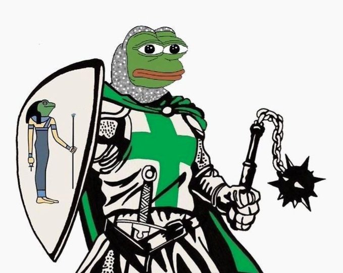 A cartoon depicting Pepe the Frog dressed as a medieval knight or crusader in green and white armor, holding a shield with an Egyptian figure and a spiked mace.