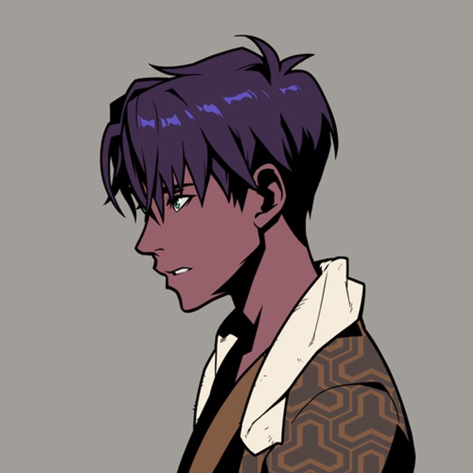 Anime-style profile illustration of a dark-skinned young man with purple hair and green eyes, wearing a patterned jacket with a white collar.