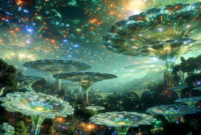 A vibrant sci-fi fantasy digital artwork depicting a futuristic cityscape with large glowing tree-like structures and a geometric, star-filled sky overhead.