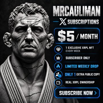 A promotional advertisement for 'MRCAULIMAN SUBSCRIPTIONS' shows a cracked stone bust statue and lists benefits like '1 EXCLUSIVE XRPL NFT EVERY WEEK' and 'LIMITED WEEKLY DROP' for $5/month.