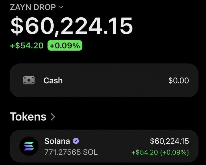 This image shows a digital wallet displaying "$60,224.15" in Solana (SOL), indicating the value of held cryptocurrency. It supports the post's claim of a Solana airdrop by showcasing a significant holding of SOL.