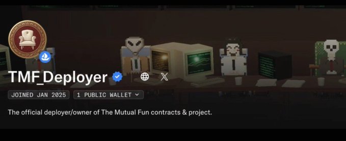 Image 8: A profile banner for 'TMF_Deployer', a verified account with 1 public wallet that joined in January 2025, describing itself as the official deployer/owner of The Mutual Fun contracts & project.