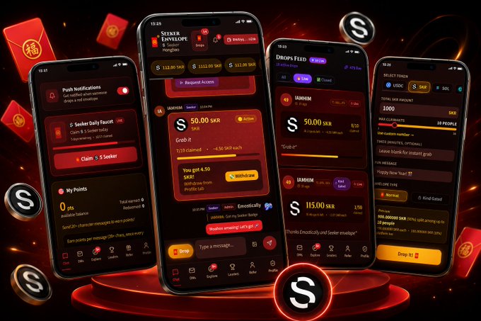 Three smartphones display the Seeker Envelope app interface on a red-themed background, showcasing screens for claiming SKR red envelopes, push notifications, and a 50.00 SKR Grab drop with 3.23 claimed (4.56 SKR each), alongside a drops feed featuring 115.00 SKR and 50.00 SKR items. The image visually reinforces the post by highlighting the SKR Red Envelope Drops and claim features that brought in 30+ new users from the Solana Mobile mention.