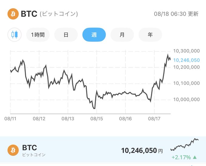 Bitcoin (BTC) price chart in Japanese showing a weekly view updated 08/18 at 06:30, with the current price at 10,246,050 yen (+2.17%).