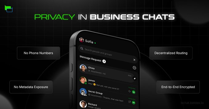A promotional graphic for BChat titled "PRIVACY IN BUSINESS CHATS" showcases a smartphone displaying the messaging app's interface with contacts like Sofia, Olivia, James, Richard, and the "Secret Group," while highlighting key privacy features including "No Phone Numbers," "Decentralized Routing," "No Metadata Exposure," and "End-to-End Encrypted." The image visually reinforces the post's message about Beldex's BChat offering truly private business messaging without exposing personal data.
