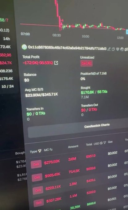 A screenshot of a crypto trading interface showing a candlestick chart with a dramatic price spike, a wallet address beginning "0x11c8678069c46b74c62a8a94b21784dfb771b8d3", and a Total Profit of -172.9K (-98.59%) with Balance $0.