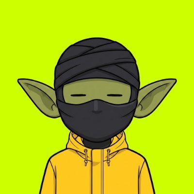 A digital illustration depicts a green-skinned character with pointed ears wearing a black ninja head wrap and mask, dressed in a yellow hoodie against a solid green background.
