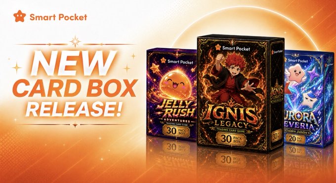 This image is a promotional graphic for Smart Pocket's "New Card Box Release," showcasing three trading card game boxes: Jelly Rush Adventures (30 Pack Box), Ignis Legacy (30 Pack Box), and Aurora Eteria Golden Jubilee (20 Pack Box), each featuring vibrant anime-style character artwork. The announcement relates to the contest post by celebrating winners with new collectible card releases, suggesting these boxes may be part of the prize giveaway.
