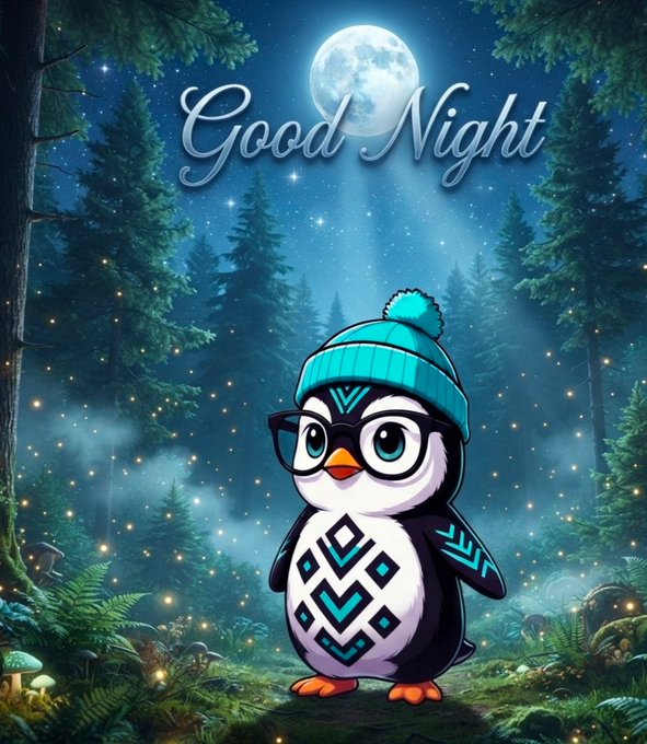 A cartoon penguin wearing a teal winter hat and glasses stands in a moonlit forest with the text 'Good Night' displayed above.