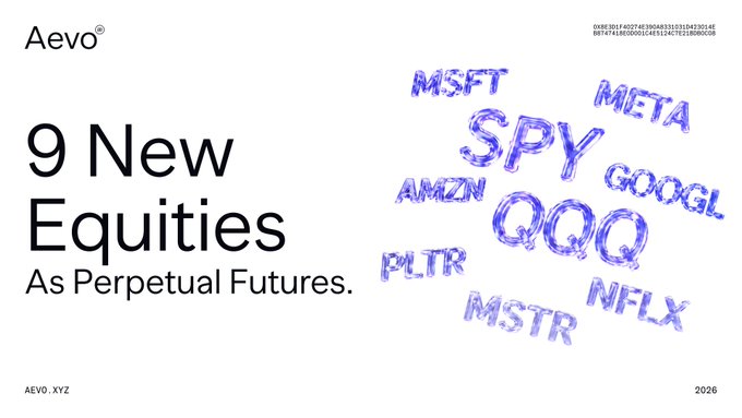 A promotional graphic from Aevo announcing 9 new equities available as perpetual futures—SPY, QQQ, MSFT, META, GOOGL, AMZN, PLTR, NFLX, and MSTR—rendered in purple balloon-style lettering alongside the "9 New Equities As Perpetual Futures" headline, corresponding to the post's announcement of expanded portfolio offerings on both web and mobile.