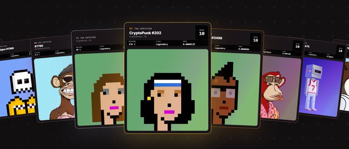 A digital display showcases a lineup of CryptoPunk NFT avatars (including #7595, CryptoPunk #202, and #3498) with rarity attributes like "Legendary" and supply numbers, illustrating NFT-backed deposits on a platform like FWA.

The image visually reinforces the post's mention of "NFT+自选ETH" as a deposit mechanism on FWA, using CryptoPunks—iconic NFTs—to depict the NFT-collateralized asset model referenced in the analysis.