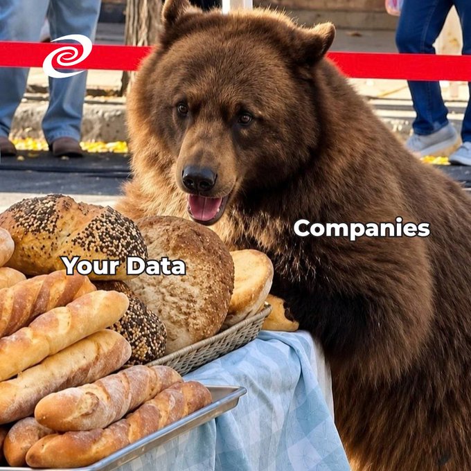 A meme showing a bear labeled 'Companies' reaching toward a display of bread labeled 'Your Data,' humorously illustrating how companies desire to access user data.
