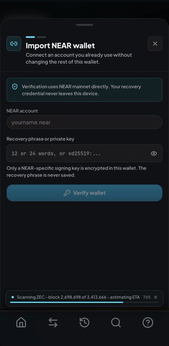 A mobile screen displays a NEAR wallet 'Import account' interface prompting for a NEAR account name and recovery phrase/private key, with a 'Verify wallet' button and a scanning ZEC progress bar at the bottom.