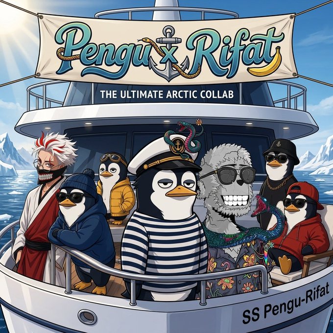 A stylish illustrated poster promoting the "PENGU × RIFAT" giveaway with the tagline "THE ULTIMATE ARCTIC COLLAB," featuring cartoon penguins and characters aboard the "SS Pengu-Rifat" against an icy backdrop, which visually represents the collaborative NFT mint between CashPengu and Rifat mentioned in the post.