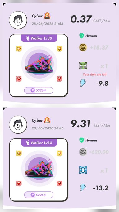 Two mobile app screenshots showing in-game stats for a user named 'Cyber' with a Walker Lv30, displaying earnings of 0.37 GMT/Min (+18.37 coins, -9.8 energy) and 9.31 GST/Min (+620.00 coins, -13.2 energy).