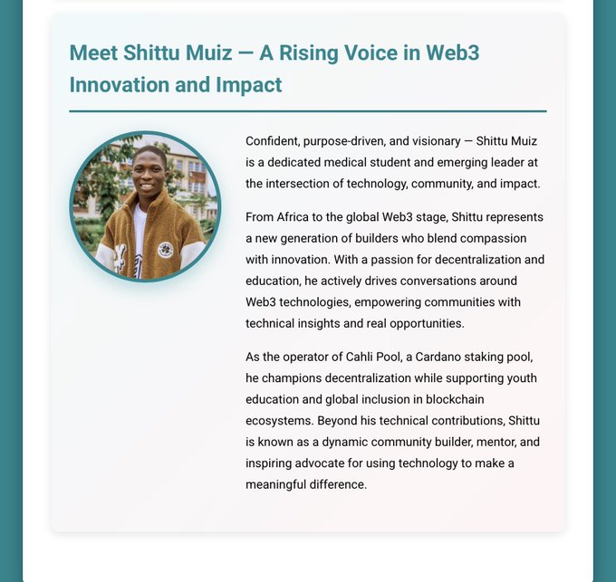 A profile article titled 'Meet Shittu Muiz – A Rising Voice in Web3 Innovation and Impact' featuring his photo and describing him as a medical student and operator of Cahli Pool, a Cardano staking pool.