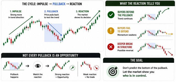 An educational trading infographic illustrating the "Impulse → Pullback → Reaction" cycle, showing how market reactions to pullbacks reveal whether buyers or sellers are in control—accompanied by a chart demonstrating that strong reactions signal trend continuation opportunities while weak reactions indicate no trade.