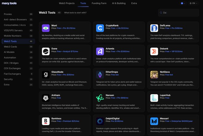 A screenshot of the moxy.tools website showing a directory of Web3 Tools including Moni, CryptoRank, DefiLlama, Dune, Artemis, Debank, GlassNode, EtherDrops, NotSlava, Arkham, Nansen, LayerHub, Bankless, DelphiDigital, and Messari.