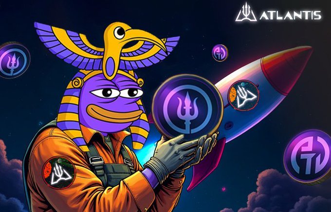A vibrant digital illustration featuring an Egyptian-style purple frog character wearing a pharaoh headdress, holding a trident coin, with 'ATLANTIS' branding and a rocket ship in the background.