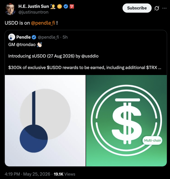 A Twitter post announcing the launch of a new cryptocurrency, Pendlefi, with a white dollar sign and green circle logo.