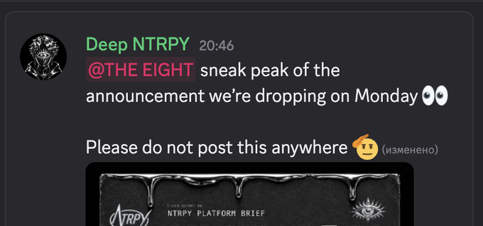 A Discord message from 'Deep NTRPY' to '@THE EIGHT' teasing a sneak peak of an announcement dropping on Monday, with text reading 'Please do not this anywhere' and an attached black graphic labeled 'NTRPY PLATFORM BRIEF'.