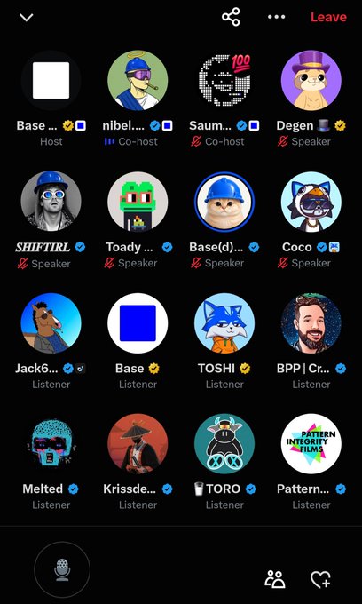 A screenshot of a Twitter Spaces audio room showing 14 participants including the host 'Base' and co-hosts 'nibel' and 'Saum', with speakers including SHIFTIRL, Toady, and Coco, and listeners including Jack6, TOSHI, BPP, Melted, Krissde, TORO, and Pattern Integrity Films.