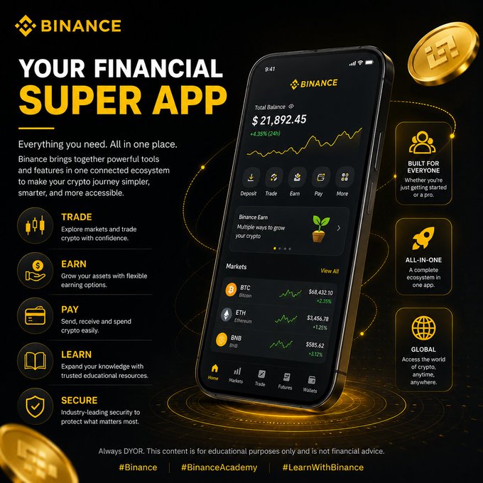 The image showcases the Binance Super App as a comprehensive financial platform, featuring a dark-themed smartphone displaying a total balance of $21,892.45 alongside crypto tickers like BTC ($68,432.10), ETH ($3,456.78), and BNB ($585.62). It highlights key features—Trade, Earn, Pay, Learn, and Secure—reinforcing the post's message that simplicity wins in crypto by consolidating essential tools into one user-friendly ecosystem.