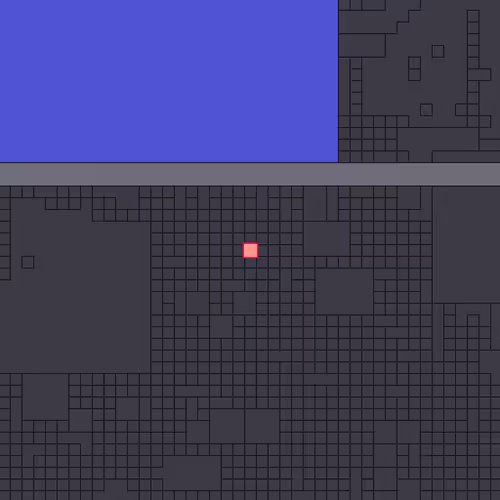 A pixel-art style map or game screen featuring a large blue area at the top and gray tiled structures below with a small pink/red highlighted square.