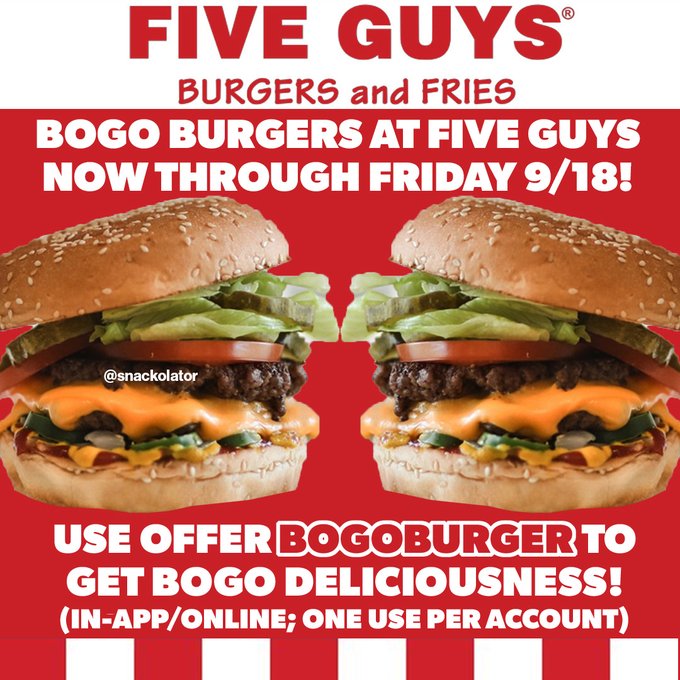A Five Guys promotional advertisement featuring two large cheeseburgers with the text 'FIVE GUYS BURGERS and FRIES', announcing 'BOGO BURGERS AT FIVE GUYS NOW THROUGH FRIDAY 9/18!' and 'USE OFFER BOGOBURGER TO GET BOGO DELICIOUSNESS!'.