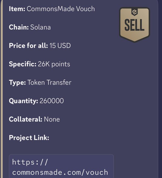 An NFT listing card for 'CommonsMade Vouch' (SELL), with chain listed as Solana, Price for all 15 USD, Specific 26K points, Type Token Transfer.